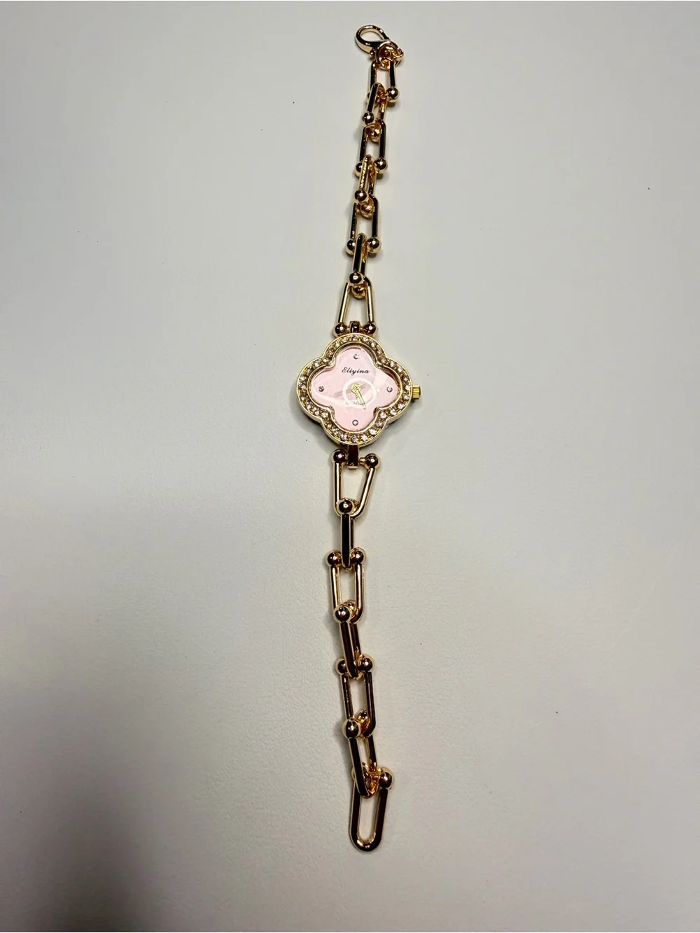 Gold-Tone Pink Dial Flower Quartz Watch